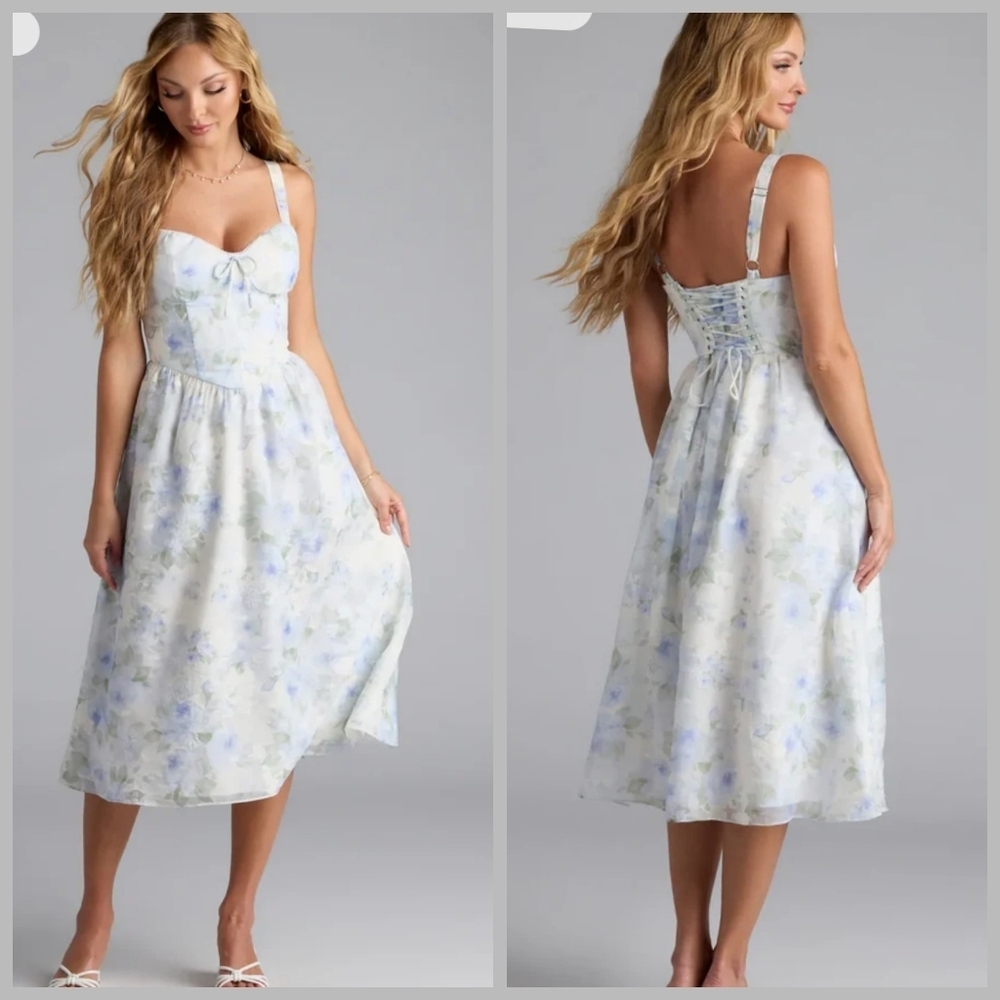 Windsor Charmed Sweetness Lace-Up Floral Chiffon Midi Dress Romantic Fairy Blue